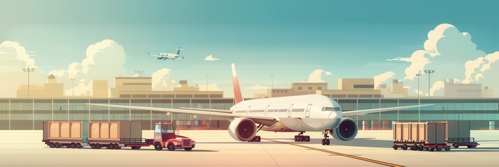 Aufkleber - A cargo airplane is being loaded with freight while ground equipment moves around on a bustling airport runway. Generative AI