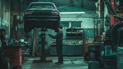 Poster - The mechanic inspects the underside of a lifted car in a busy garage, surrounded by tools and equipment during the late afternoon. Generative AI