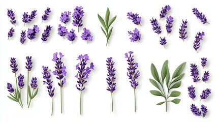 Isolated lavender lavandula flowers and bunches in close-up on a white background