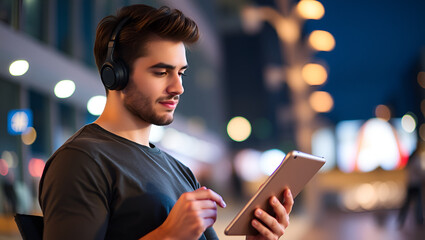 Handsome young man listening to music with digital tablet.