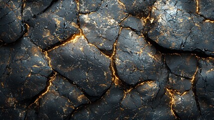 Poster - Cracked Black Rock Surface with Glowing Cracks