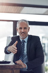 Poster - Handshake, mature and businessman in portrait for deal as hr consultant with pride in human resource. Male person, positive and hiring as offer, job opportunity or recruitment in onboarding at office