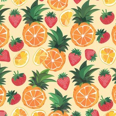 Aufkleber - A colorful arrangement of pineapples, strawberries, and lemons fills the background with fresh, tropical vibes. Generative AI