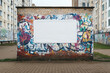 © Odrua Design - Mural de tijolos com graffiti colorido e espaço em branco para anúncios, em cenário urbano, criado por IA generativa.