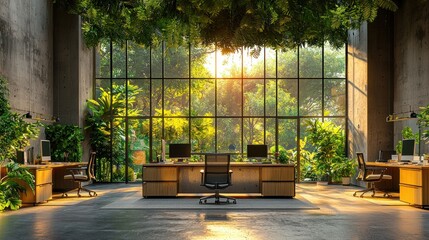 Poster - Modern Office Interior with Large Window Overlooking Lush Greenery