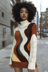 Urban Chic Fashion Model with Afro Hairstyle Posing Downtown