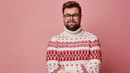 Confident Man with Glasses in Festive Sweater on Pink Background. Christmas Jumper Day