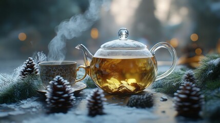 Poster - A glass teapot sits on a table with a cup of tea next to it. The teapot and cup are surrounded by pine cones and branches. Steam rises from the teapot.