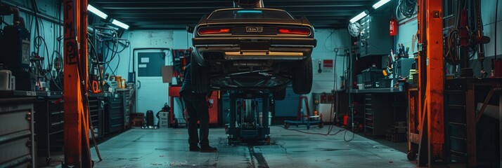 Poster - A mechanic is focused on repairing a classic car elevated on a hoist in a well-equipped automotive workshop, illuminated by overhead lights. Generative AI