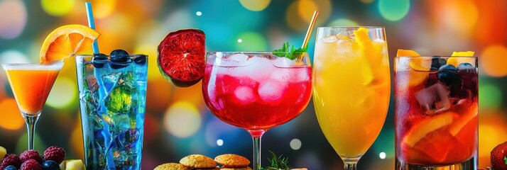 Aufkleber - Colorful cocktails are beautifully displayed on a table alongside snacks and fresh fruit slices, perfect for a festive summer gathering. Generative AI