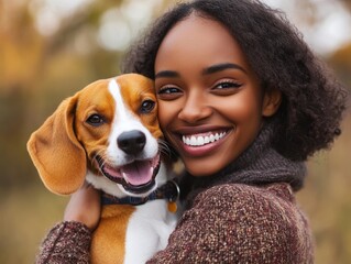 Wall Mural - A woman enjoying a relaxing outdoor moment cuddling her happy dog in a natural setting during a sunny day