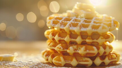 Poster - A stack of waffles sitting on a wooden table, perfect for breakfast or brunch