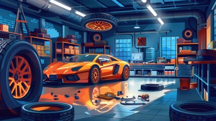 Aufkleber - A skilled mechanic is changing tires on a vehicle in a well-lit garage filled with tools and new tires during the day. Generative AI