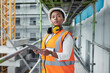 © peopleimages.com - Black woman, tablet and construction for engineering, thinking and site assessment with floor plan. Architect, tech and contractor vision for project management, building development and renovation