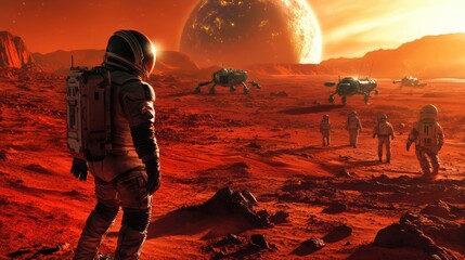 Poster - A team of astronauts examines the Martian terrain while utilizing advanced technology and vehicles under a vibrant cosmic sky. Generative AI