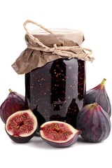 Sticker - A glass jar filled with homemade jam and figs on a clean white background, perfect for food photography or recipes