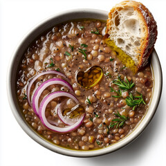 Top View of Hearty Lentil Soup with Red Onions and Bread