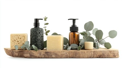 Bath accessories include a mix of personal care products and a eucalyptus branch, isolated against a white background