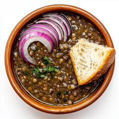 Top View of Hearty Lentil Soup with Red Onions and Bread