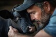 © DKPhoto - A man wearing a cap embraces a calf, signifying a profound connection between humans and animals through affection and compassion in a rural setting.
