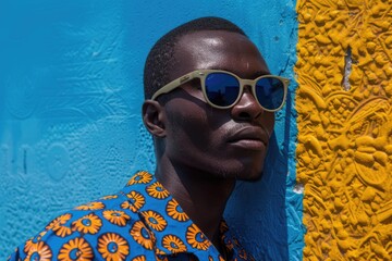 Wall Mural - A person relaxing against a bright blue wall, wearing trendy sunglasses and casual attire