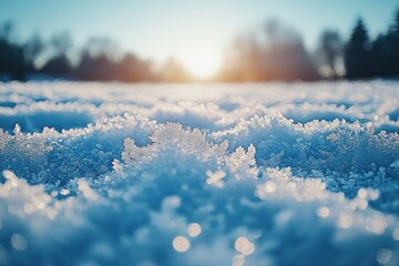 Aufkleber - Close-up of Frosty Ice Crystals on a Blue Background with a Sunlit Horizon in the Distance