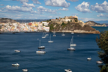 beautiful Procida island with colorful houses in sunny summer day, Italy