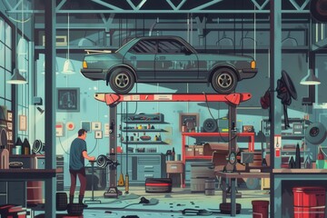 Poster - A mechanic works diligently under a car raised on a hoist, surrounded by tools and automotive equipment in a well-lit workshop. Generative AI