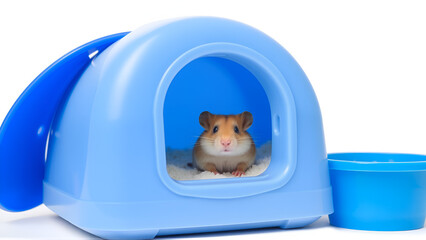 One funny hamster is in the plastic blue house isolated on the white background.