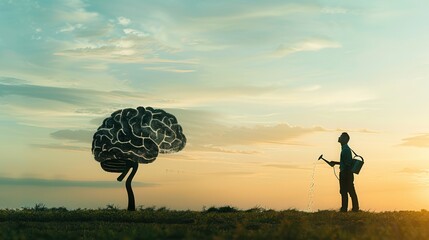 Aufkleber - A silhouette of a man watering a brain-shaped tree at sunset represents the nurturing of intellect and creative growth. Generative AI