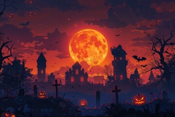 a spooky halloween scene at night with a full moon as the backdrop