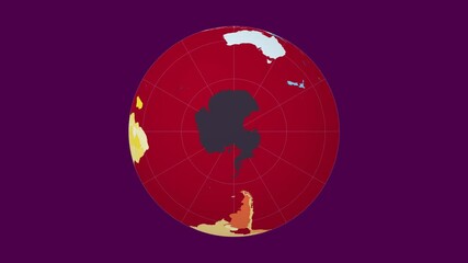 Poster - Spinning globe. South pole sphere view. Fast speed planet rotation. Colored countries style. World map with graticule lines on Vivid background. Authentic animation.