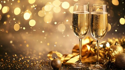 Aufkleber - Two elegant champagne glasses filled with sparkling drink are placed on a table adorned with gold decorations. The warm glow of lights creates a celebratory atmosphere, perfect for special occasions.