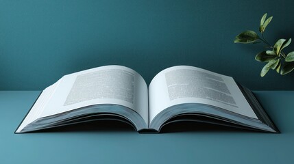 Poster - An Open Book on a Teal Surface with a Green Plant in the Background
