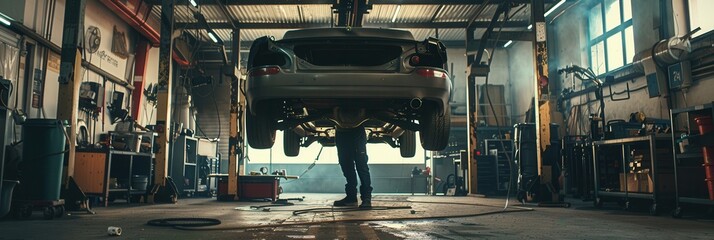Poster - A mechanic is engaged in repairing a vehicle positioned on a hoist in a bustling garage filled with tools and equipment. Generative AI