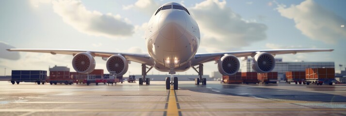 Aufkleber - A large cargo airplane is stationed on the runway while ground crew prepares to load various freight containers and equipment. Generative AI