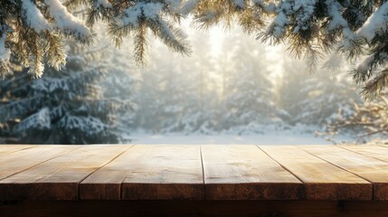 Poster - Snow-covered tree branches frame a rustic wooden table in a peaceful winter forest, with soft sunlight filtering through the trees, creating a serene and enchanting atmosphere.