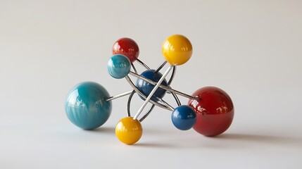 A colorful abstract sculpture with metallic rods connecting colorful spheres.