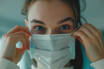 Woman wearing a face mask in a medical facility, ensuring safety and protection during the pandemic, assisted by healthcare professionals at a treatment center