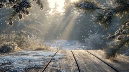 Poster - A serene winter morning unfolds in a snowy forest where soft sunlight pierces through the tall trees. Snowflakes gently fall, creating a calm and peaceful atmosphere amid the frosty landscape.