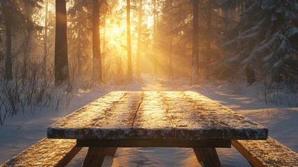 Fototapete - Golden sunlight streams through tall trees in a winter forest, illuminating a snow-covered picnic table. The tranquil atmosphere captures the serene beauty of dawn in nature's embrace.