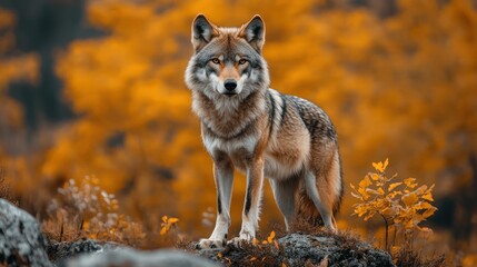  A lone wolf stands on a rocky ledge in a forest, with a background of golden foliage, looking directly at the camera with a serious expression.