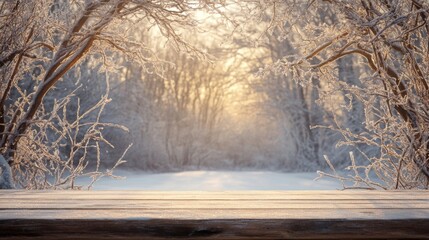 Aufkleber - A tranquil winter landscape shows a snow-covered forest path framed by frost-covered trees. The soft light of dawn cuts through the branches, creating a serene ambiance in the cold air.