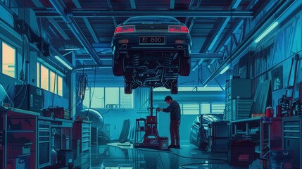 Poster - A mechanic is focused on repairs underneath a car elevated on a hoist in a well-lit garage, surrounded by tools and equipment. Generative AI