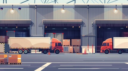 Aufkleber - Several trucks and vans are parked outside a warehouse, waiting to be loaded with cargo as the day progresses. Generative AI