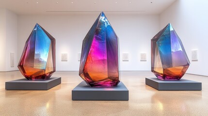 Three large, colorful, glass crystals on pedestals in a gallery.