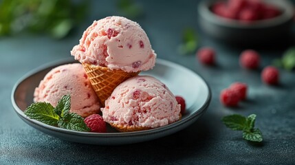 Three scoops of pink raspberry ice cream in waffle cones on a plate with fresh raspberries and mint leaves.