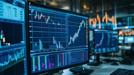 Poster - Analyzing financial market trends with advanced software in a modern trading room during the evening