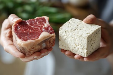 A hand holds a piece of meat while the other holds a block of tofu, illustrating the contrast between meat-based and plant-based diets