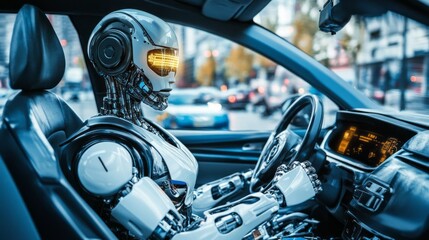 Poster - A robot is driving a car with a steering wheel